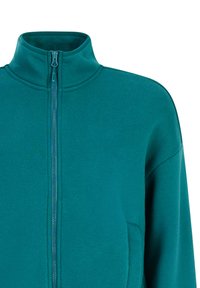 Giacca in fleece verde acqua con zip e colletto alto, vista dal petto in su su uno sfondo bianco.