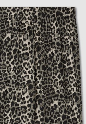 Gonna con cintura elastica stampata leopardata in diverse sfumature di nero e grigio, caratterizzata da una texture liscia e un design dal fit morbido.