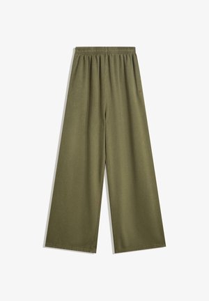 Pantaloni a gamba larga verde oliva con vita elasticizzata, realizzati in un tessuto morbido. Presentano una superficie liscia e cuciture sartoriali per una finitura pulita.