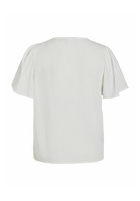 Camicia bianca con manicotti a palloncino corti, collo rotondo e un tessuto liscio e leggero con una vestibilità rilassata. Nessun motivo o dettaglio visibile.