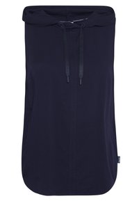 Haut sans manches de couleur marine avec col haut, cordons de serrage réglables et poches latérales. Fabriqué en tissu doux avec une texture lisse.