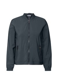 Mörkgrå bomberjacka med zip-fram, elastiska ärmslut och två sidfickor. Slät tyg med en lätt lyster och ribbad krage.