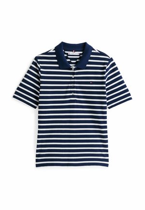Polo a righe blu navy e bianche con colletto, placca con tre bottoni e un piccolo logo sul petto. Maniche corte.
