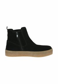 Bottines en daim noir avec fermeture éclair sur le côté, dotées d'une semelle en caoutchouc texturé et d'une languette à l'arrière pour un enfilage facile.