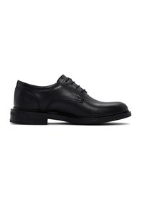 Chaussure habillée en cuir noir avec bout rond, fermeture lacée et un petit talon empilé. Texture lisse avec des détails de couture subtils.
