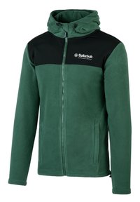 Fleece jacket in dark green and black. Features a zip closure, hood, and side pockets. Soft texture with a sporty design and logo detail.