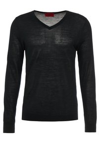 Schwarzer langärmliger V-Ausschnitt-Pullover aus einem leichten, leicht transparenten Stoff. Verfügt über eine einfarbige Optik sowie gerippte Bündchen und Saum.