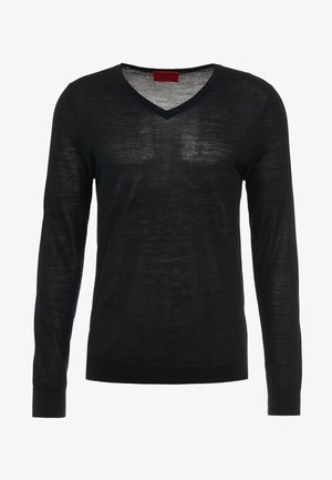 Black long-sleeve V-neck sweater made of a lightweight, slightly sheer fabric. Features a solid color and ribbed cuffs and hem.
