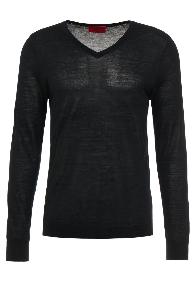 Schwarzer langärmliger V-Ausschnitt-Pullover aus einem leichten, leicht transparenten Stoff. Verfügt über eine einfarbige Optik sowie gerippte Bündchen und Saum.