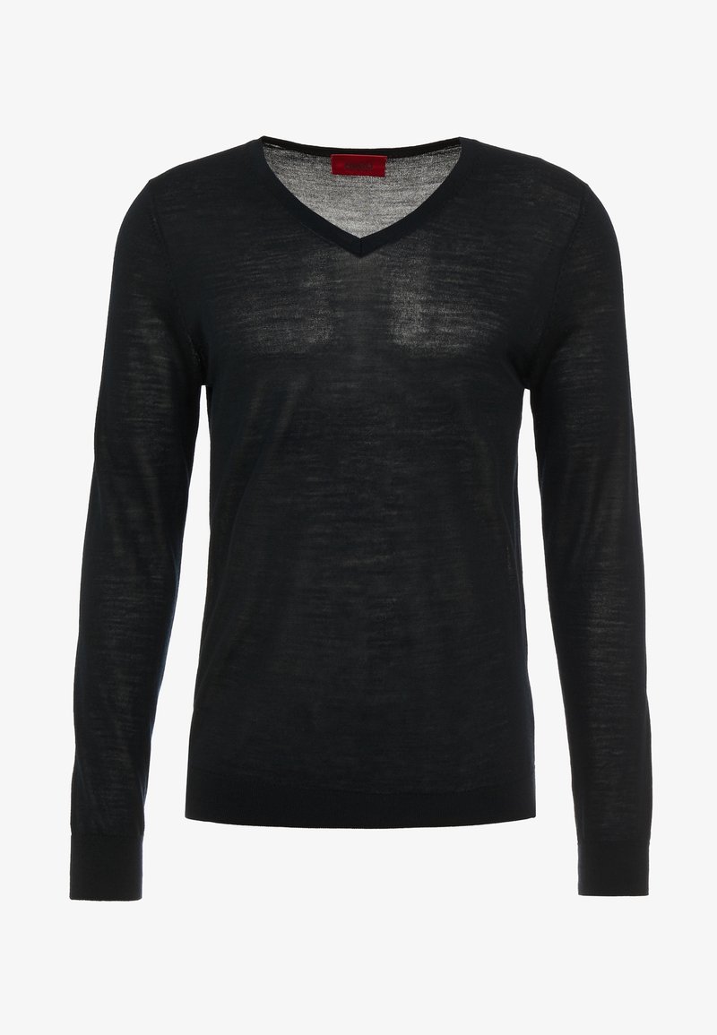 Schwarzer langärmliger V-Ausschnitt-Pullover aus einem leichten, leicht transparenten Stoff. Verfügt über eine einfarbige Optik sowie gerippte Bündchen und Saum.
