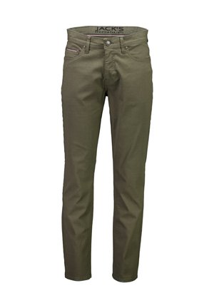 Olivgrüne Hose aus Baumwollmischung, mit fünf Taschen, Reißverschluss und geradem Beinabschluss sowie einer glatten Textur.