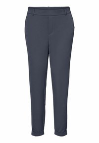 Mörkgrå skräddarsydda byxor med en slät yta, som har resårmidja och uppvikta fållar. Inga synliga fickor eller utsmyckningar.