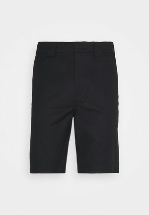 Black cotton shorts with a straight cut, belt loops, and a clean hem finish. Features hidden front pockets and a smooth texture.