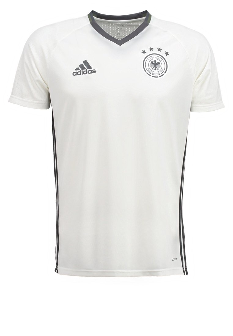 Camiseta deportiva blanca de Adidas con acentos grises, mangas cortas, cuello en V y escudo del equipo nacional de Alemania con cuatro estrellas y un diseño circular.