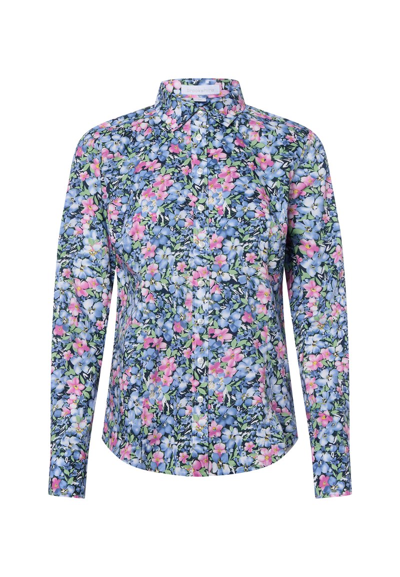 Blumenhemd mit Knöpfen auf dunkelblauem Hintergrund, mit rosa und hellblauen Blumen. Langarm und mit Kragen. Mischgewebe aus Baumwolle.