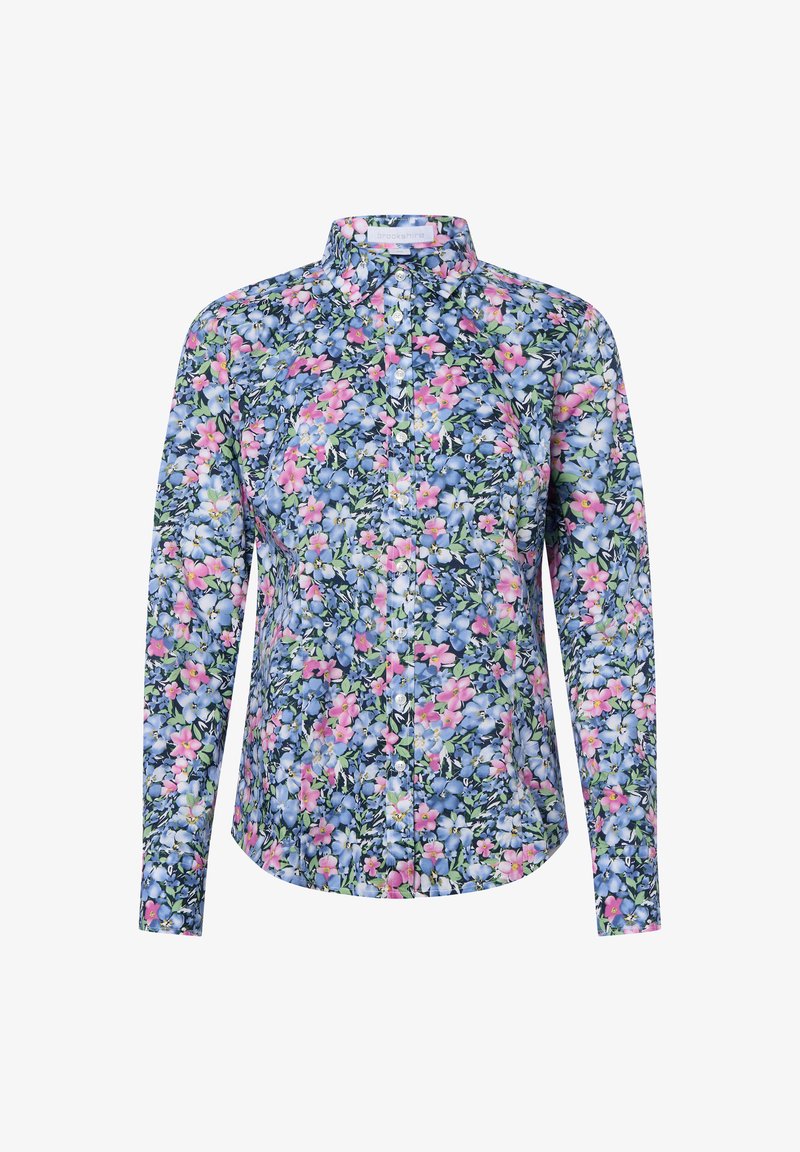 Koszula z kwiatowym wzorem z ciemnoniebieskim tłem, zdobiona różowymi i jasnoniebieskimi kwiatami. Długie rękawy i kołnierzyk. Materiał mieszanki bawełny.