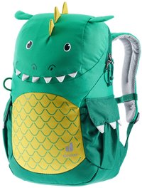 Mochila verde com um design de dragão, apresentando escamas amarelas, dentes brancos e pequenas orelhas. Feita de tecido, com alças ajustáveis e bolsos.
