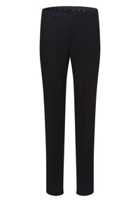 Pantalones negros a medida con corte recto, con una textura suave y una cinturilla con pasadores para cinturón. Sin patrones ni acentos visibles.