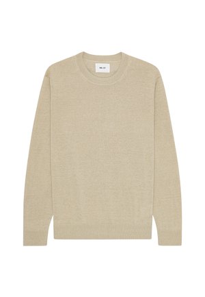 Beige trui met lange mouwen en ronde hals, met geribbelde boorden en zoom, met een klein wit label aan de binnenkant van de hals.