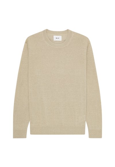 Beige long-sleeve crew neck sweater with ribbed cuffs and hem, featuring a small white label inside the neckline.