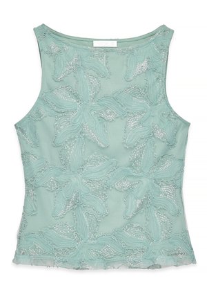 Hõlmikuta hele sinine särk, millel on lillelise pitsi tikand ja litrid, ümar kaelus ja läbipaistev kangas.