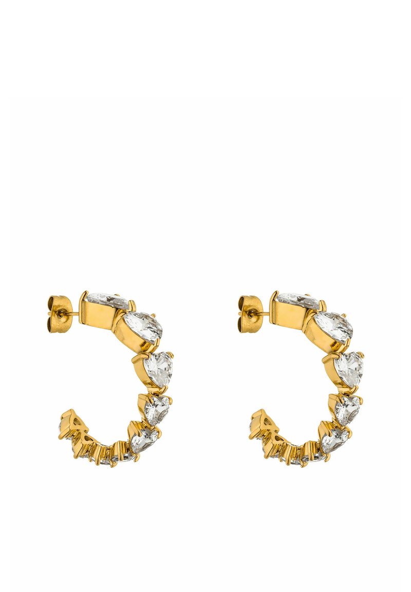 Goldene Creolen mit abwechselnden birnenförmigen und rechteckigen klaren Edelsteinen an der Vorderseite, mit einer glatten, polierten Oberfläche.