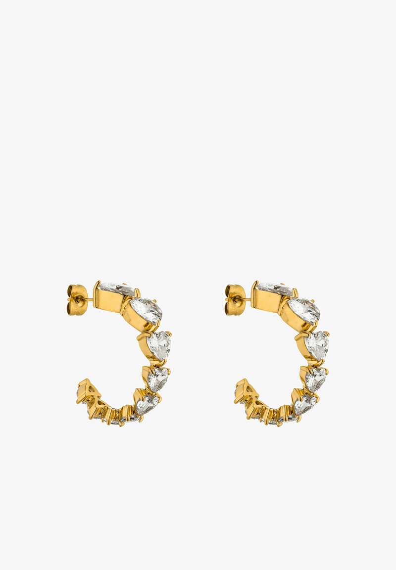 Goldene Creolen mit abwechselnden birnenförmigen und rechteckigen klaren Edelsteinen an der Vorderseite, mit einer glatten, polierten Oberfläche.