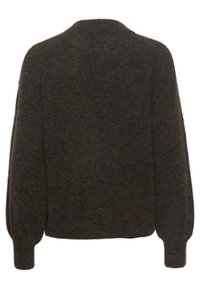 Dunkelbrauner Wollpullover mit Rundhalsausschnitt, voluminösen Ärmeln und gerippten Bündchen. Weiche Textur mit minimal sichtbaren Nähdetails.