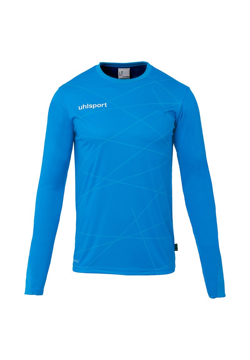 T-shirt de sport à manches longues en bleu vif, fabriqué en matériau lisse et évacuant l'humidité, avec de légères lignes diagonales et un col rond.