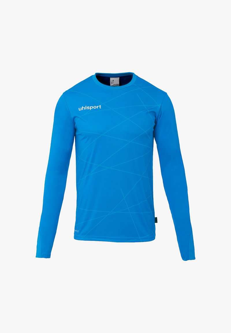 T-shirt de sport à manches longues en bleu vif, fabriqué en matériau lisse et évacuant l'humidité, avec de légères lignes diagonales et un col rond.