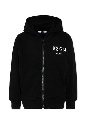 Czarna bluza z kapturem na zamek z przednimi kieszeniami i białym logo "MSGM MILANO" na lewej piersi.