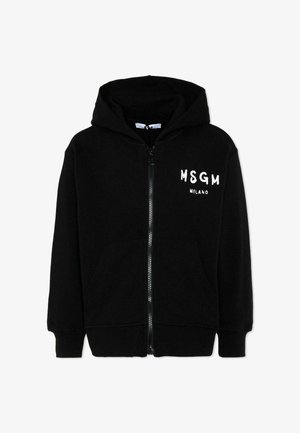 Czarna bluza z kapturem na zamek z przednimi kieszeniami i białym logo "MSGM MILANO" na lewej piersi.