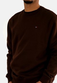 Bruine sweatshirt met een ronde halslijn en geribde manchetten, voorzien van een klein logo in rood, wit en blauw op de borst. Zachte textuur.