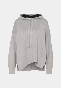 Szara, oversize bluza z kapturem wykonana z miękkiego materiału, z troczkiem, szerokimi rękawami oraz krojem o krótszym, asymetrycznym dole.