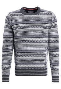 Pull pour hommes en maille avec col rond, motif bleu marine et blanc, rayures horizontales, poignets et ourlet côtelés.