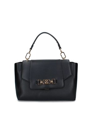 Borsa a mano in pelle nera con una forma strutturata, dettagli in metallo dorato, manico superiore e chiusura a patta con una fibbia decorativa.