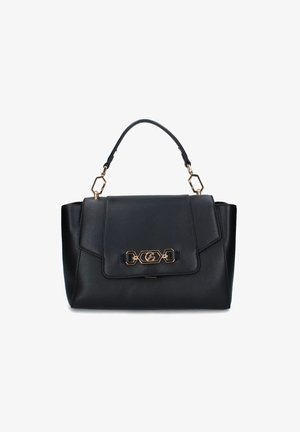 Borsa a mano in pelle nera con una forma strutturata, dettagli in metallo dorato, manico superiore e chiusura a patta con una fibbia decorativa.