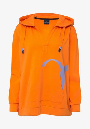 Felpa arancione realizzata in morbido tessuto, con tasca a scomparsa frontale, scollatura a V e una grande grafica blu chiaro. Include un cappuccio con cordoncino.