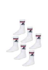 White ankle socks with navy and red striped bands. Features "Starter" logo on the side. Set of five pairs displayed.