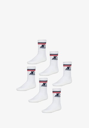 Calcetines tobilleros blancos con bandas rayadas en navy y rojo. Cuenta con el logo "Starter" en el lado. Conjunto de cinco pares exhibidos.
