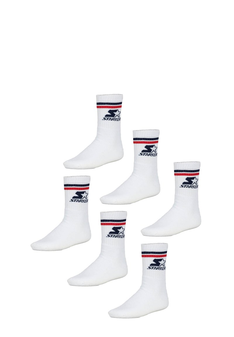 White ankle socks with navy and red striped bands. Features "Starter" logo on the side. Set of five pairs displayed.