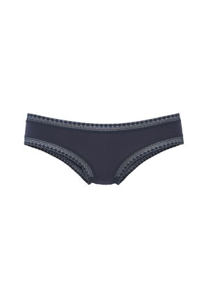 Dark blue women's hipster underwear with lace trim along waistband and leg openings, displayed on a white background.