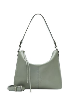 Hellgrüne Lederhandtasche mit geschwungener Form, verstellbarem Schultergurt und einem Reißverschluss. Verfügt über subtile Nähdetails.