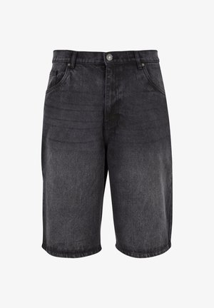 Black denim shorts featuring a relaxed fit, five-pocket design, and a button closure. The fabric has a smooth texture with subtle fading.