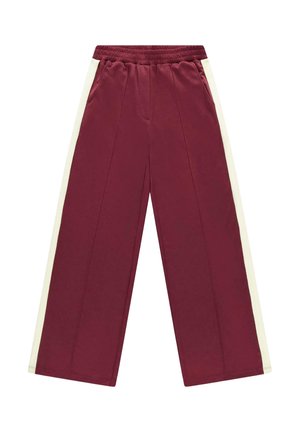 Bordeaux wijde broek met elastische tailleband en witte zijstrepen, met voorzakken en naaddetails.