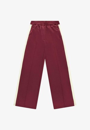 Bordeaux wijde broek met elastische tailleband en witte zijstrepen, met voorzakken en naaddetails.