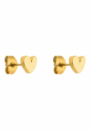 Goldene Ohrstecker in Herzform mit einer glatten, polierten Oberfläche und einem Schmetterlingsverschluss. Einfaches Design, das die Herzform betont.