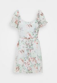 Robe à imprimé floral en tissu léger, avec un décolleté arrondi, des manches flottantes, une taille cintrée par un lien et une longueur courte en couleurs pastel.