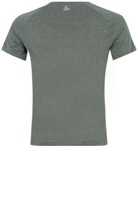 Šedé sportovní tričko s krátkým rukávem a hladkým povrchem. Obsahuje kulatý výstřih a decentní logo poblíž zadního límce.