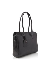 Borsa tote in pelle nera con superficie testurizzata, maniglie doppie, tasca laterale con zip e un piccolo cartellino con accentatura in argento.